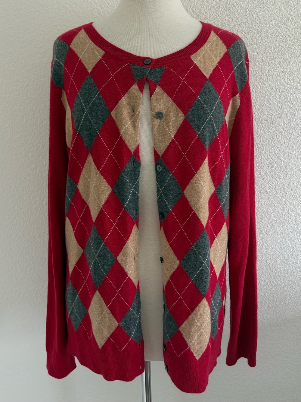 Lands' End 100% Cashmere Cardigan Sweater Womens XL / 18 Argyle Preppy Soft